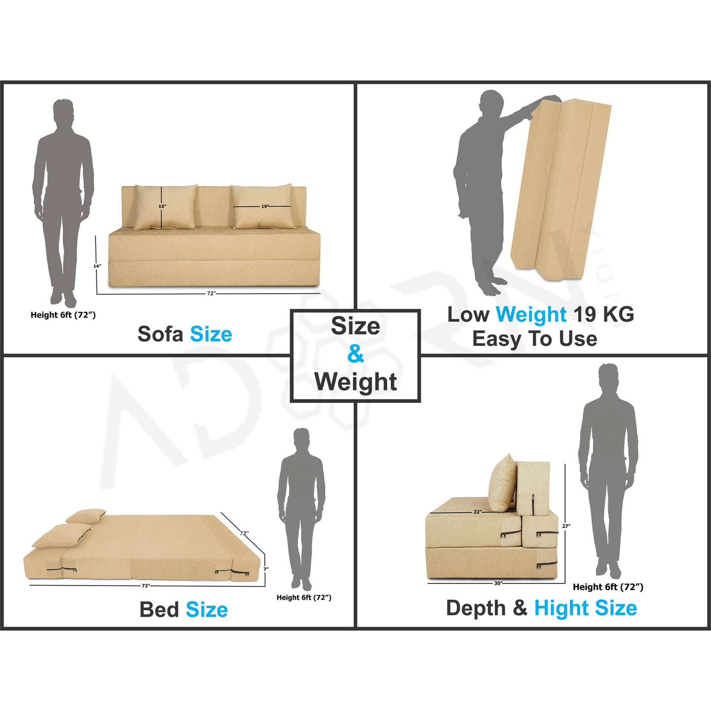 Adorn India Foam Easy 3 Seater Sofa Cum Bed Alyn 6'X 6' (Beige) (1 Year Warranty)