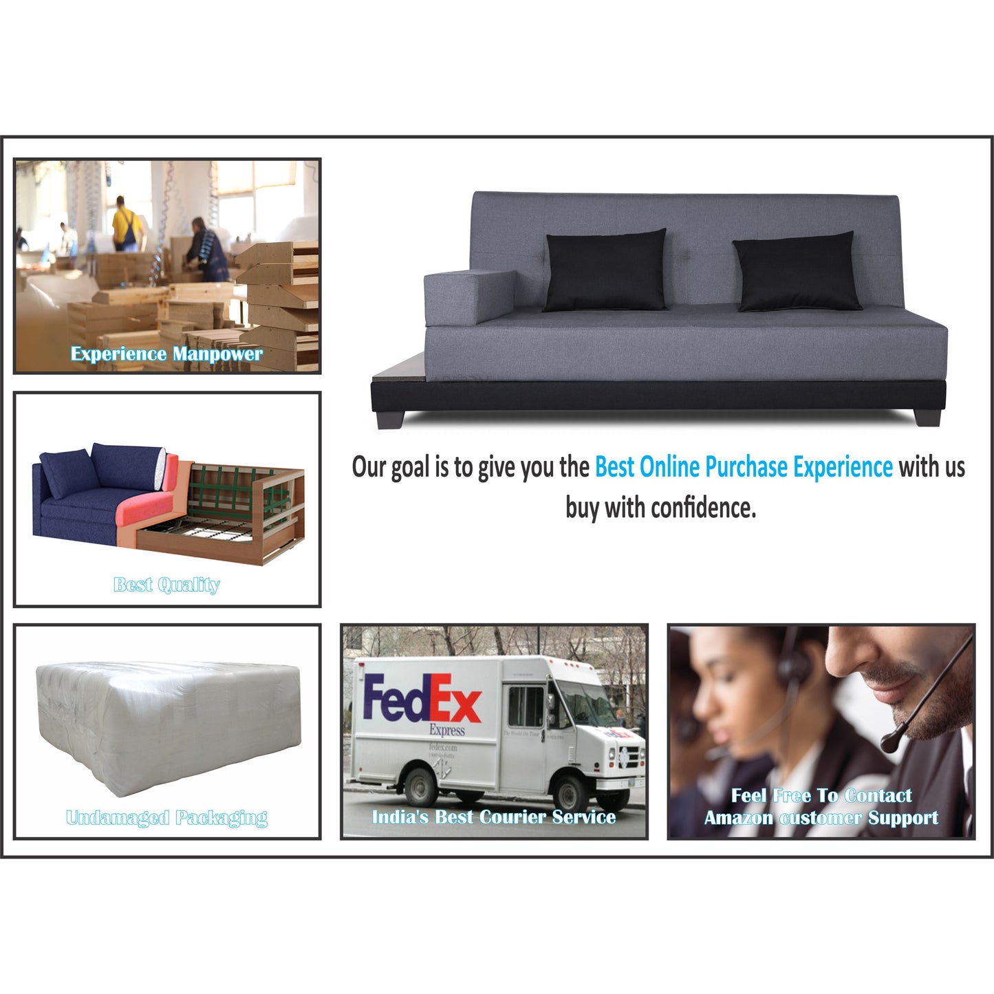 Adorn India Exclusive Two Tone Blake Three Seater Sofa Cum Bed (Dark Grey & Black), Wood, Foam