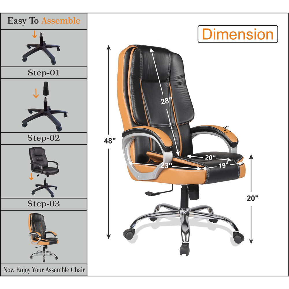 Adorn India Elegante, High-Back Leatherette and Rubberwood Adjustable Executive Office Ergonomic Chair (Black & Tan)
