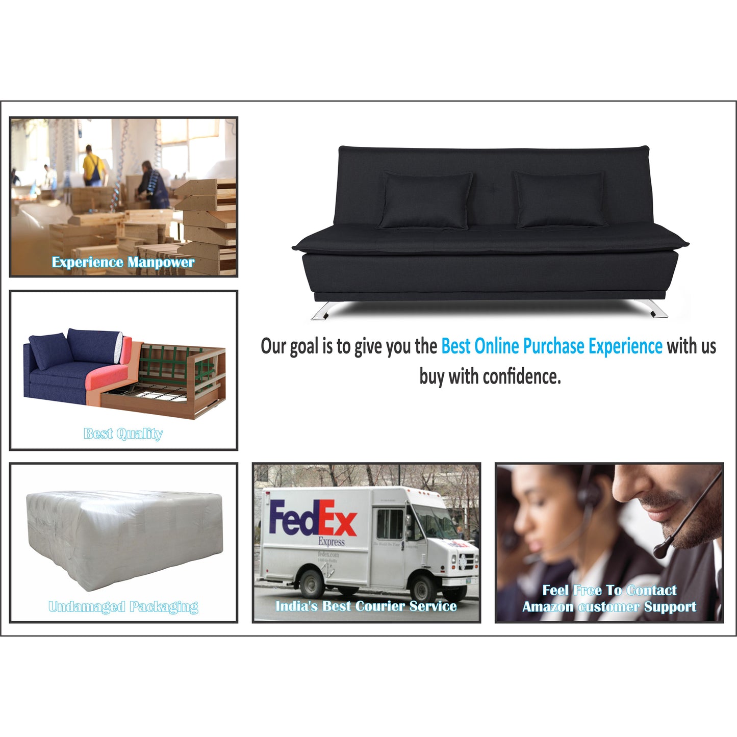 Adorn India Arden 4 Seater Sofa Cum Bed 4 x 6 (Black) (3 Year Warranty)