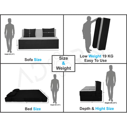 Adorn India Easy 4 Seater Sofa Cum Bed (2 Years Warrenty Quality Foam)-Perfect for Seat & Sleep Washeble Polyster Fabric Cover (Black & Grey) 6'x6'.Pillows Free (1 Year Warranty)