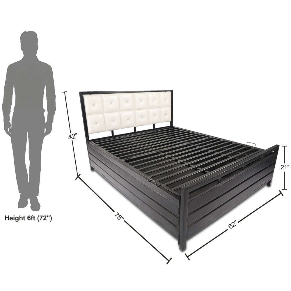Adorn India Calypso Wrought Iron Bed with Back Cushion Queen Size Box Spring Storage (Without Mattress; Matte; Black)