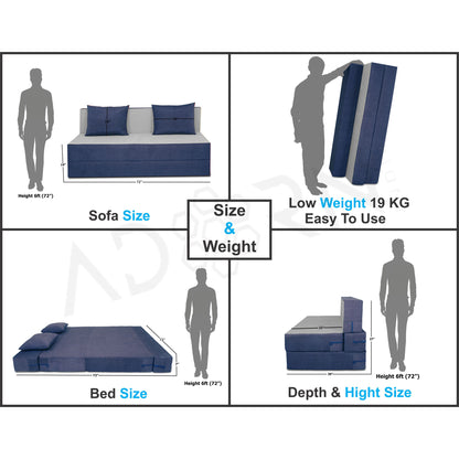 Adorn India Easy 4 Seater Sofa Cum Bed (2 Years Warrenty Quality Foam)-Perfect for Seat & Sleep Washeble Polyster Fabric Cover (Blue & Grey) 6'x6'.Pillows Free (1 Year Warranty)