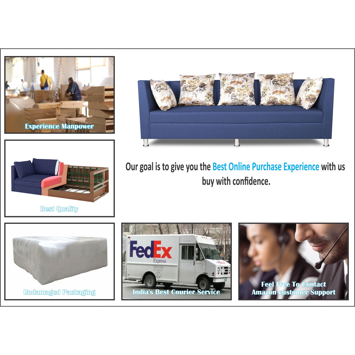 Adorn India Alica 3-1-1 5 Seater Sofa Set(Blue)