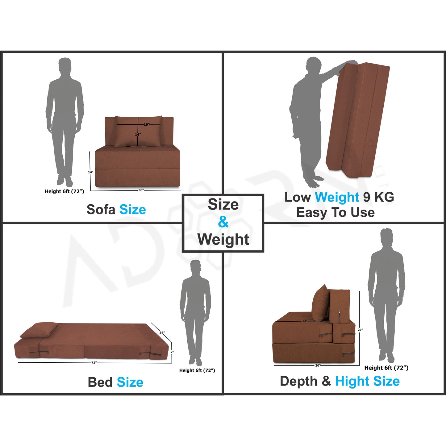 Adorn India Easy Single Seater Sofa Cum Bed Alyn 3'x 6' (Brown)