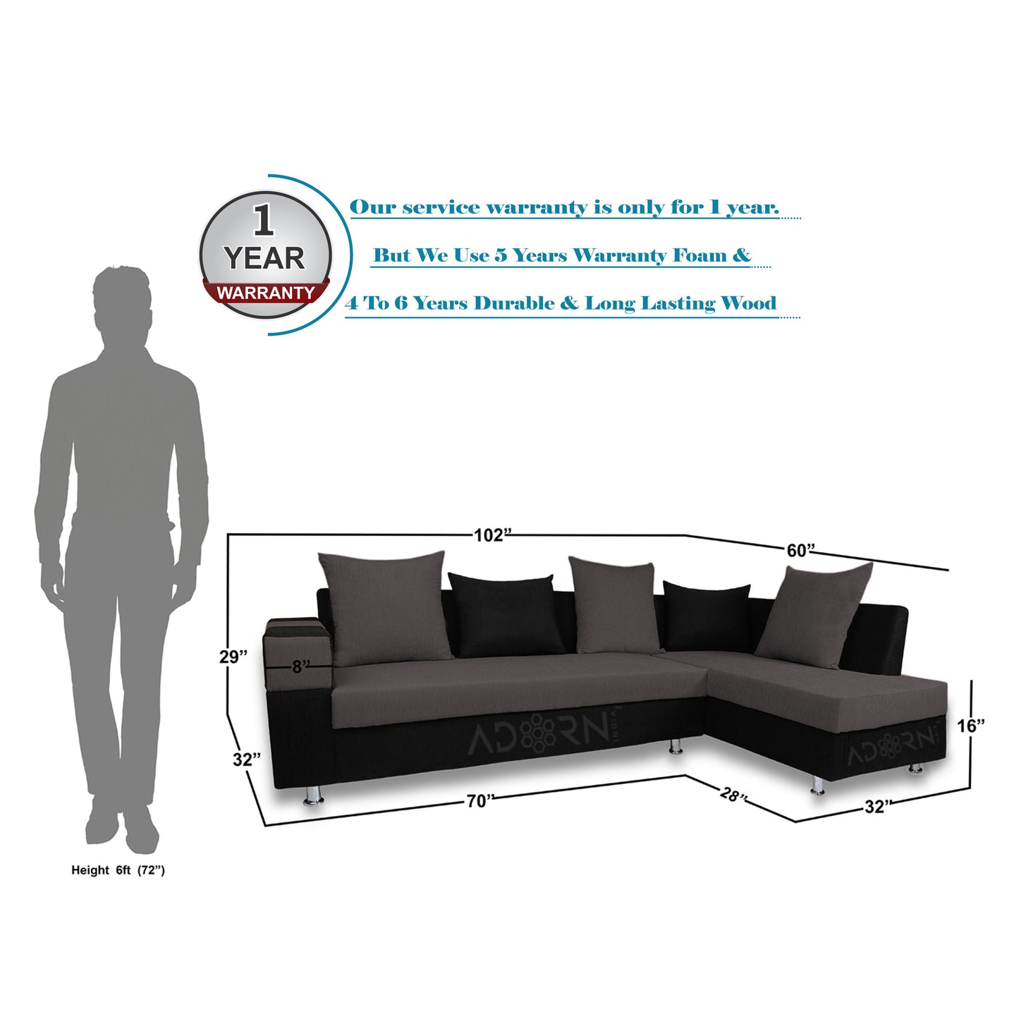 Adorn India adillac 5 Seater Corner Sofa (Right Side, Grey & Black)