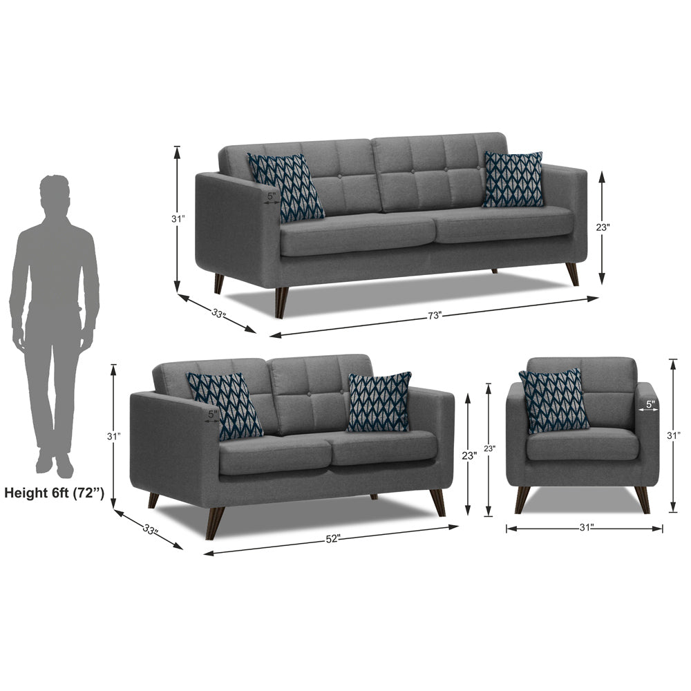 Adorn India Chilly 6 Seater 3+2+1 Fabric Sofa Set (Grey) (3 Year Warranty)