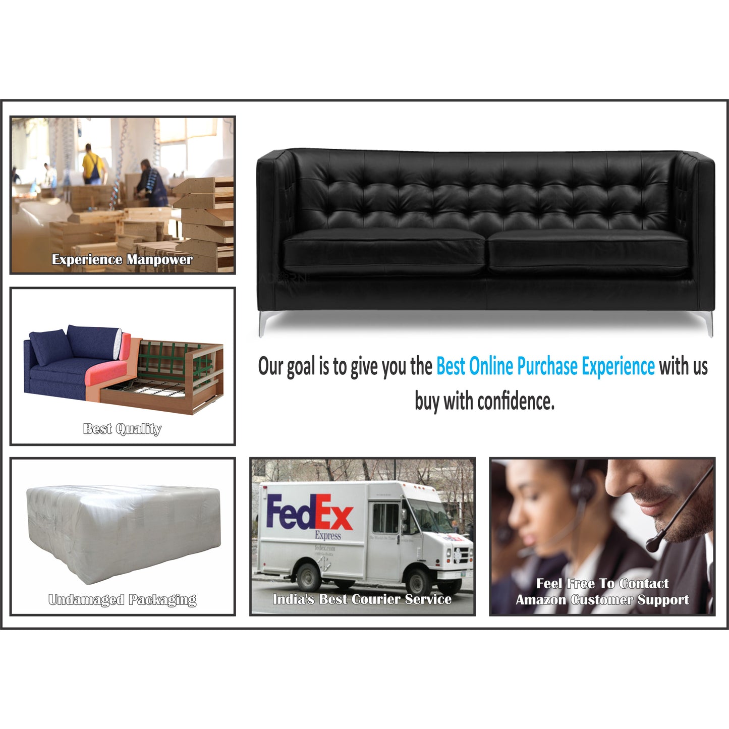 Adorn India Cosmos Leatherette 3-1-1 Sofa Set (Black)