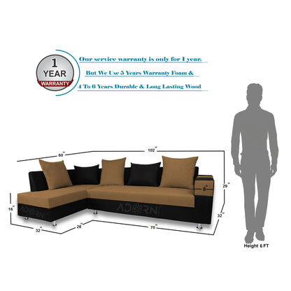Adorn India Adillac 6 Seater Corner Sofa(Left Side Handle)(Camel & Black)