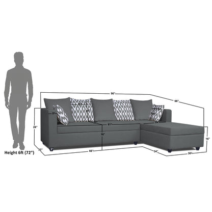 Adorn India Zink Straight Line L Shape 6 Seater Sofa Set Rhombus Cushion (Right Hand Side) (Grey)