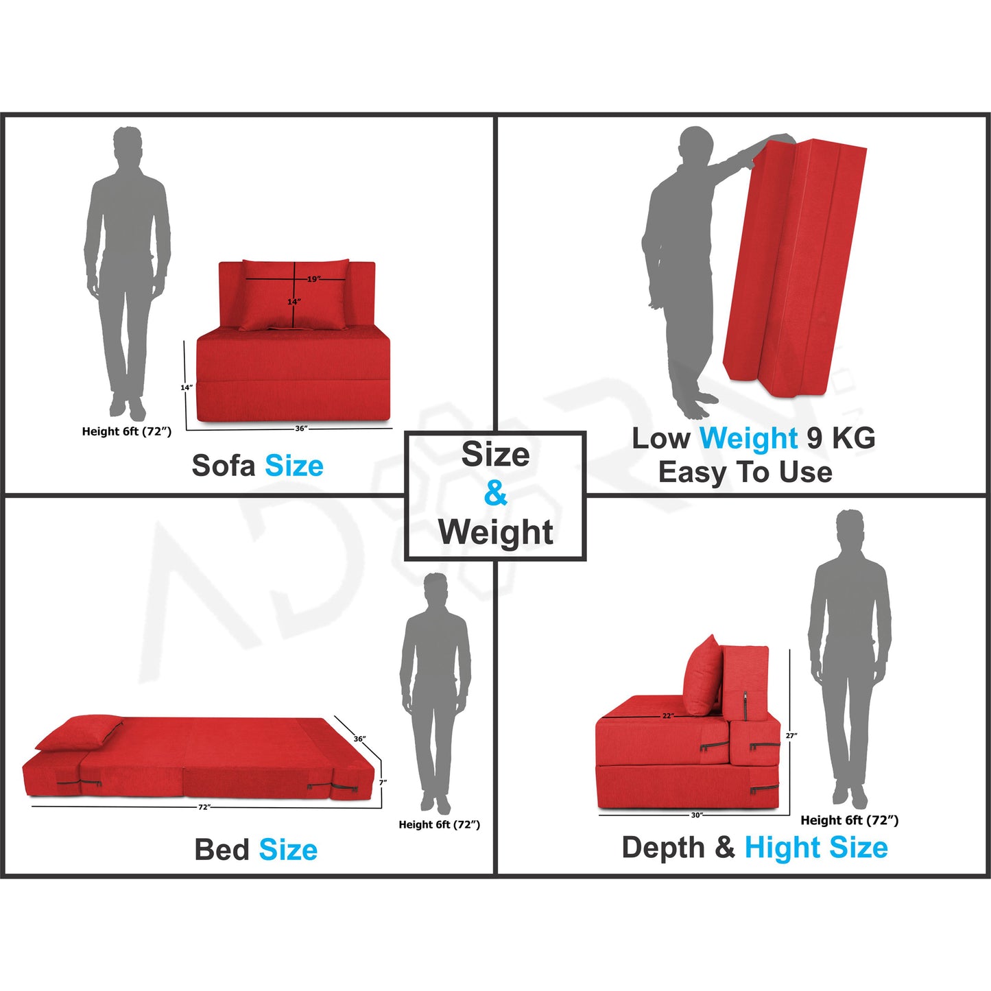 Adorn India Easy 2 Seater Sofa Cum Bed Alyn 3'x 6' (Red) (1 Year Warranty)