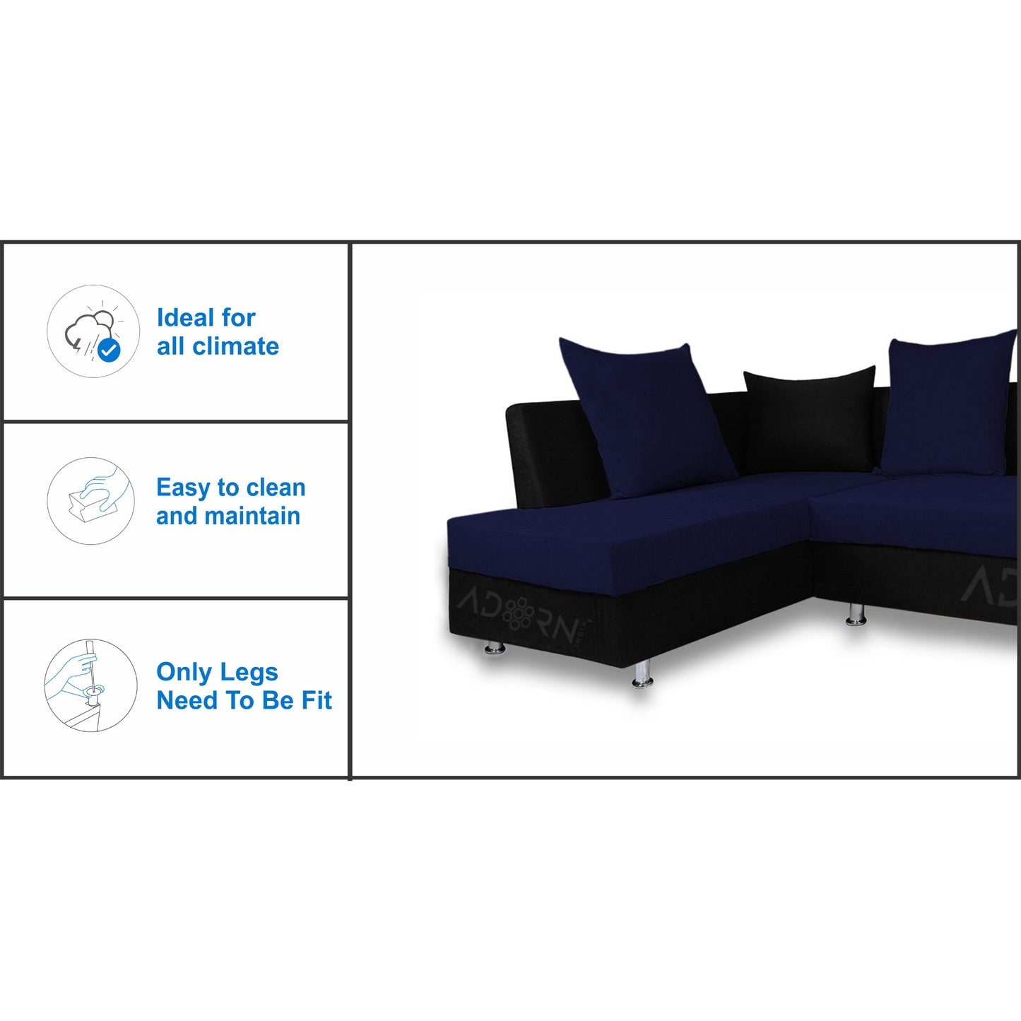 Adorn India Adillac 5 Seater Corner Sofa(Left Side Handle)(Dark Blue & Black), Wood, Foam