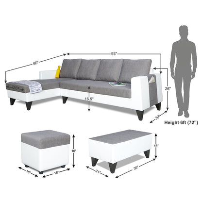 Adorn India Ashley Plain Leatherette Fabric L Shape 8 Seater Sofa Set with 2 Ottoman Puffy & Center Table LHS (Grey & White) (3 Year Warranty)