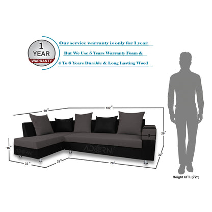 Adorn India Adillac 5 Seater Corner Sofa(Left Side Handle)(Grey & Black)