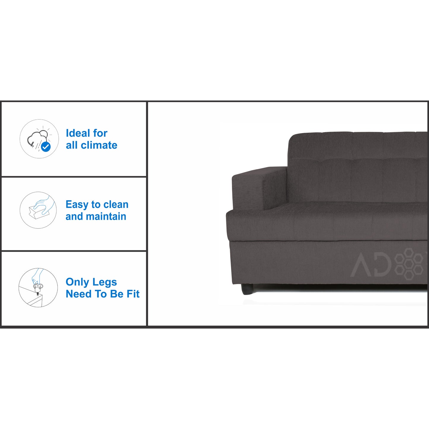 Adorn India Aleena 3 Seater Sofa(Grey)