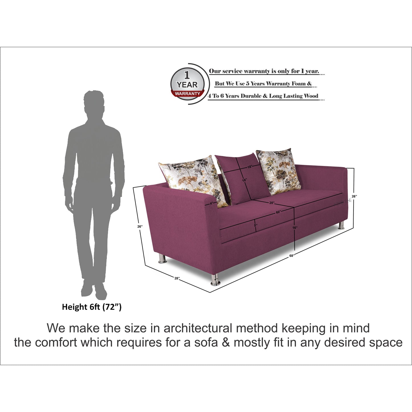Adorn India Alita 3 Seater Compact Sofa (Light Purple, wood)
