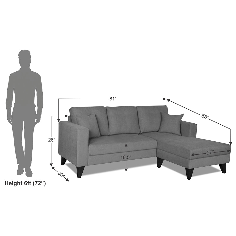 Adorn India Martin L Shape 4 Seater Sofa Set Plain (Right Hand Side) (Grey) (3 Year Warranty)