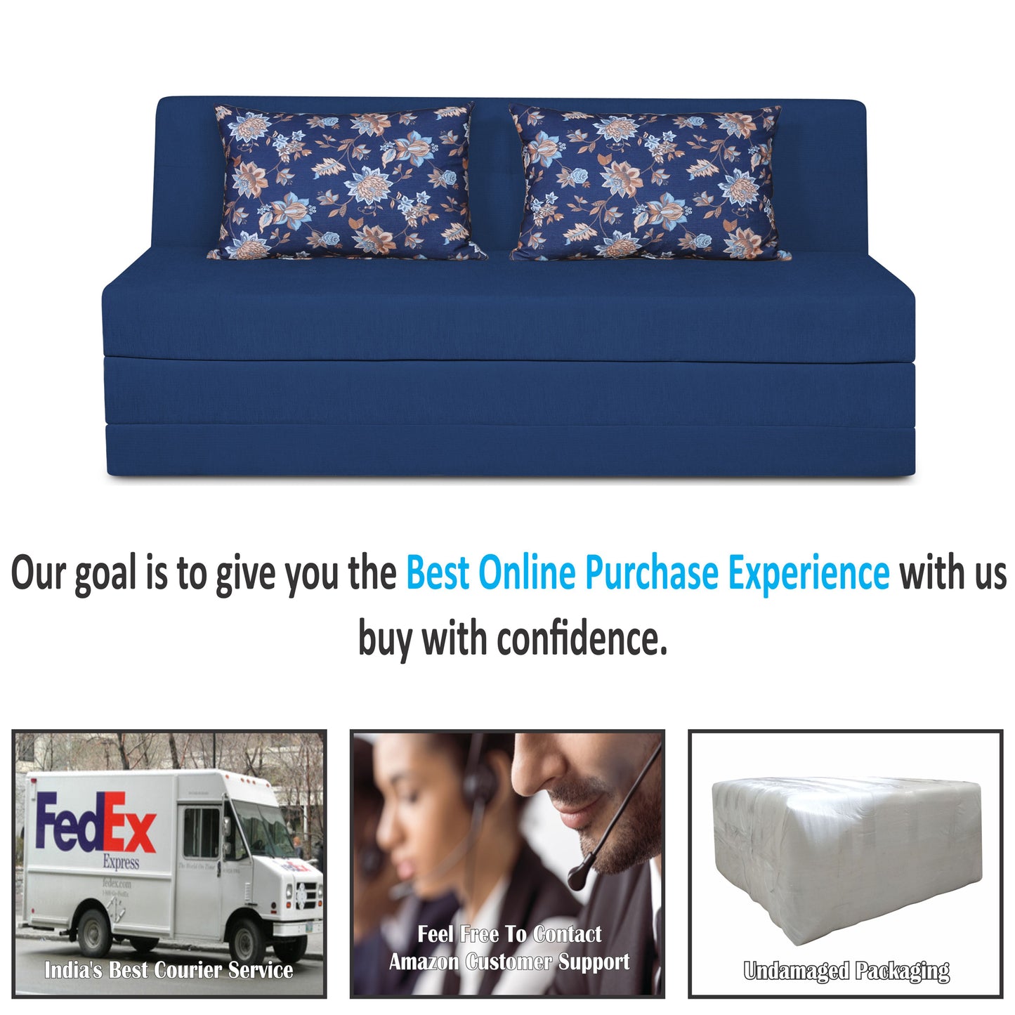 Adorn India Easy Highback Three Seater Sofa Cum Bed Floral 6' x 6' (Blue) (1 Year Warranty)