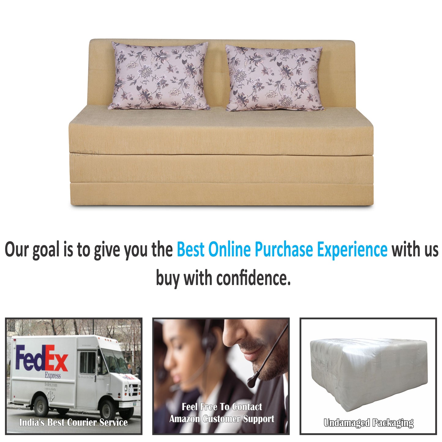 Adorn India Easy Highback Three Seater Sofa Cum Bed Floral 5' x 6' (Beige) (1 Year Warranty)
