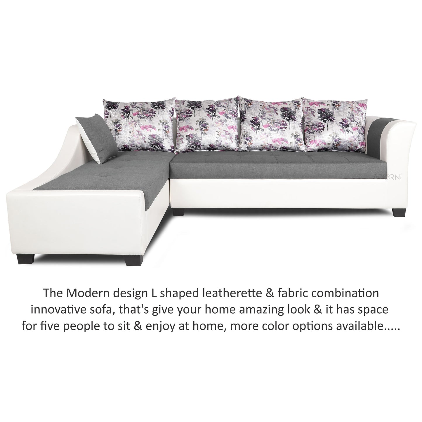 Adorn India Aliana L Shape Leatherette Fabric 6 Seater Sofa Set LHS (Light Grey & White) (3 Year Warranty)