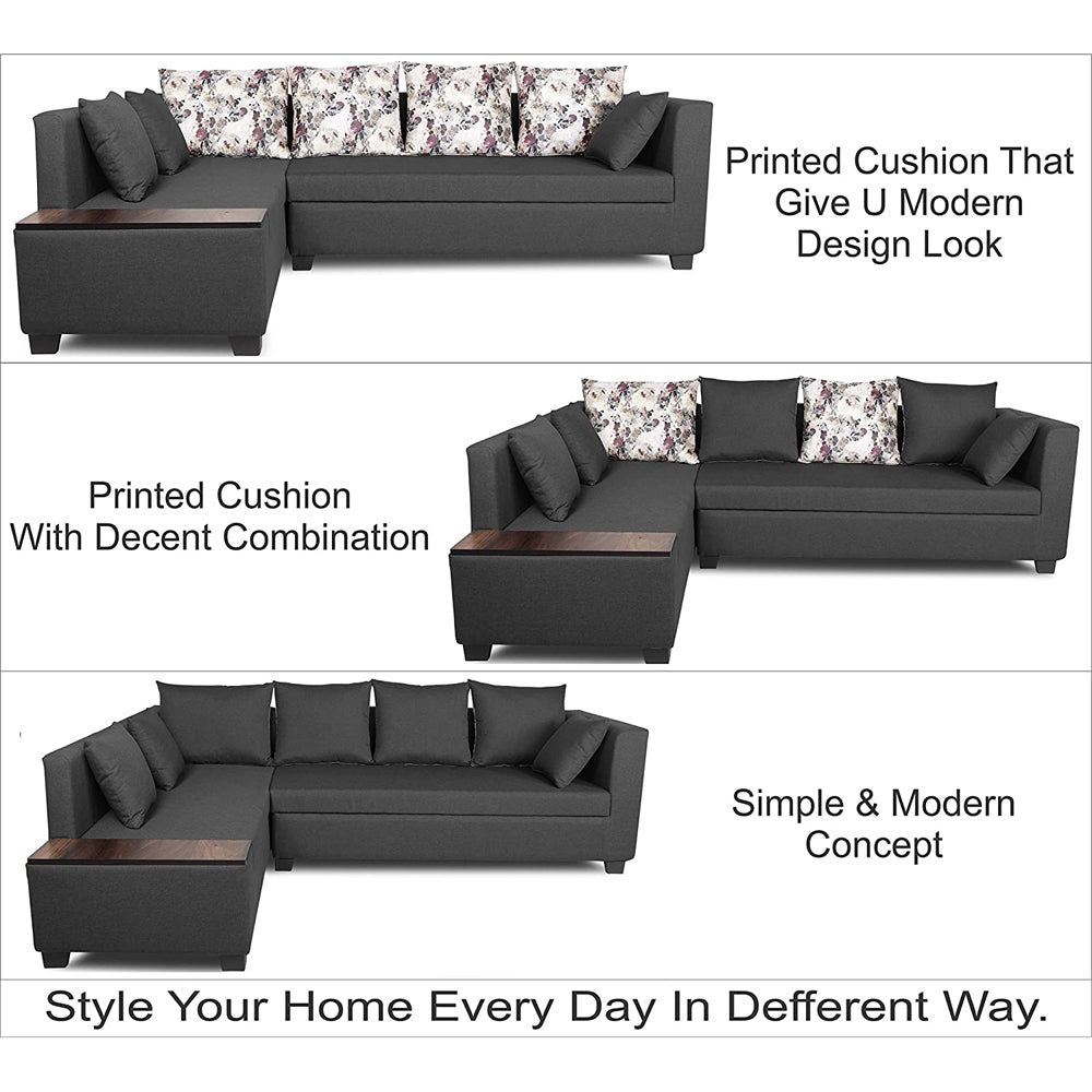 Adorn India Mclain L Shape 6 Seater Sofa (Left Side Handle)(Dark Grey)