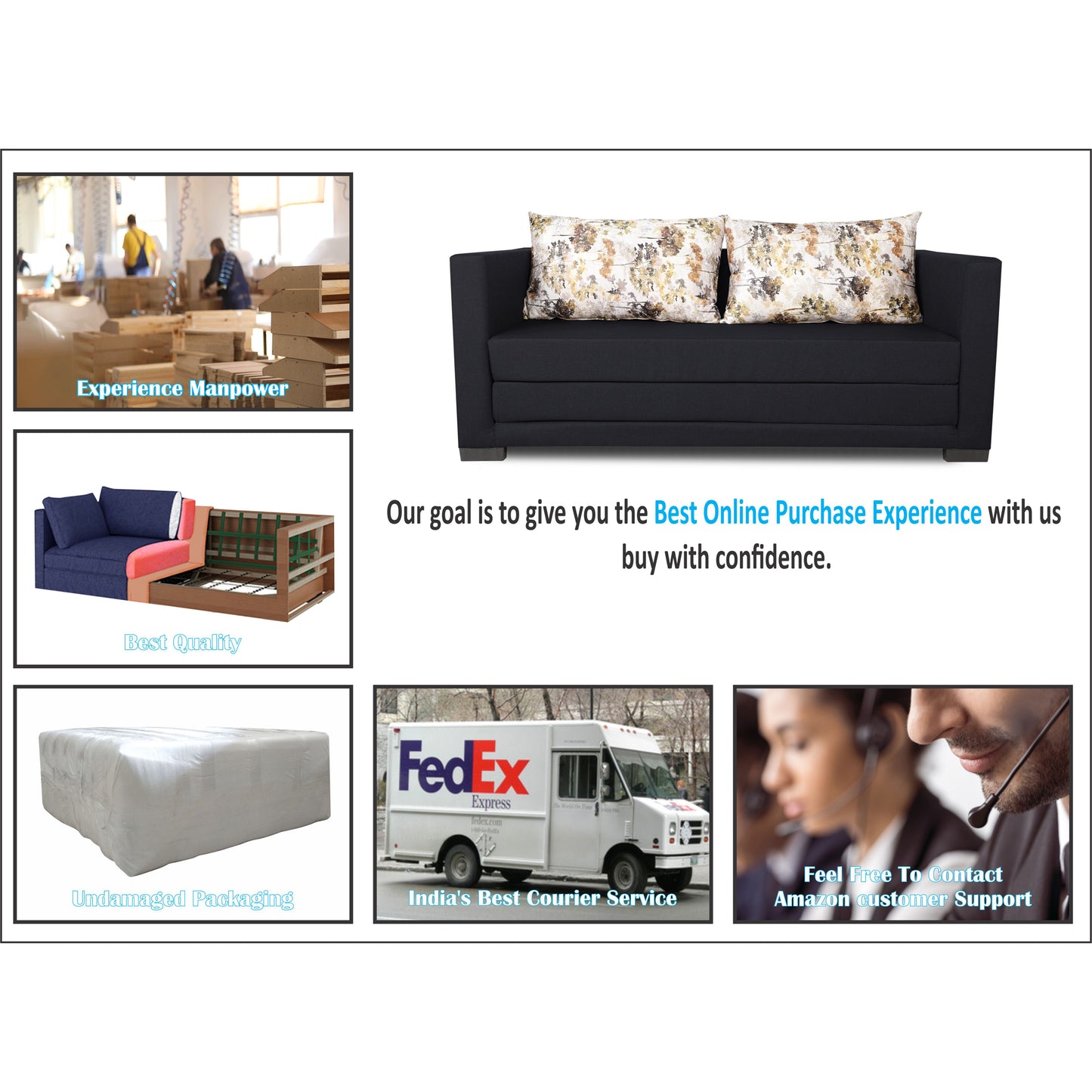 Adorn India Straight line 3 Seater Sofa Cum Bed (Black), Wood, Foam