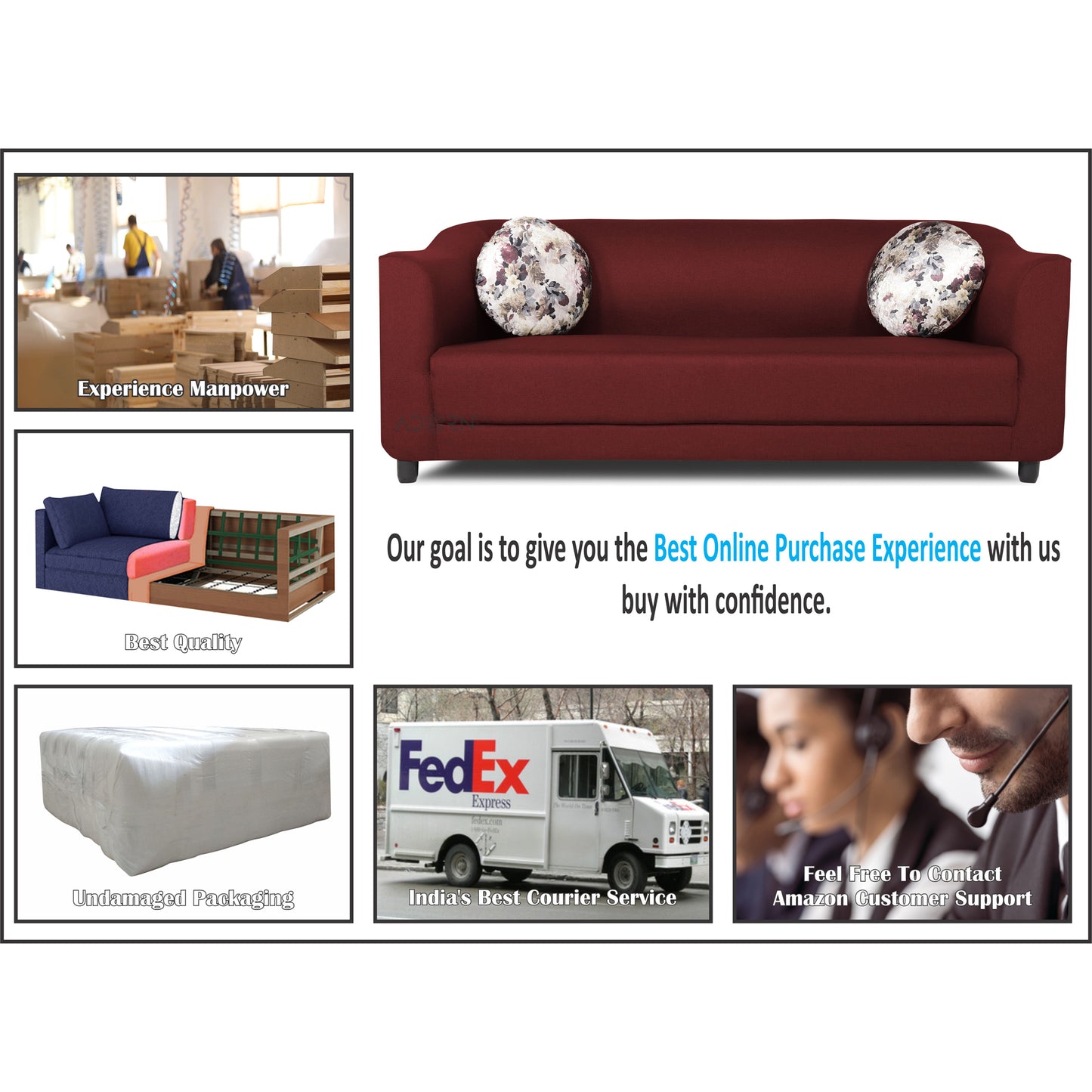Adorn India Brisco 3 Seater Sofa (Maroon), Wood, Foam