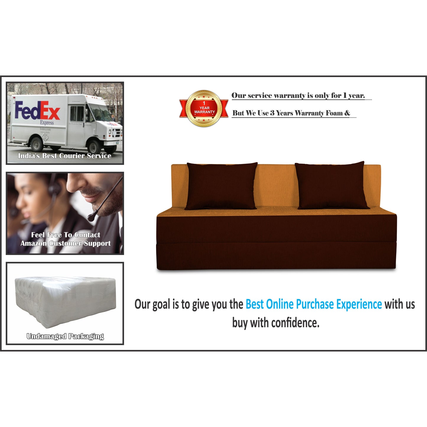 Adorn India Easy 3 Seater Sofa Cum Bed (2 Years Warrenty Quality Foam)-Perfect for Seat & Sleep Washeble Polyster Fabric Cover (Camel & Brown) 5'x6'.Pillows Free (1 Year Warranty)