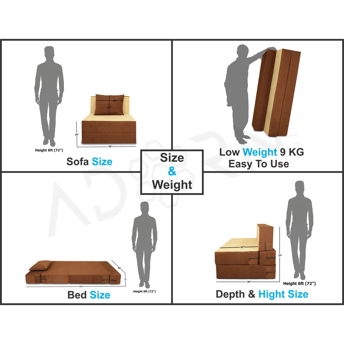 Adorn India Easy 2 Seater Sofa cumbed 3x6 (Brown & Beige) (1 Year Warranty)