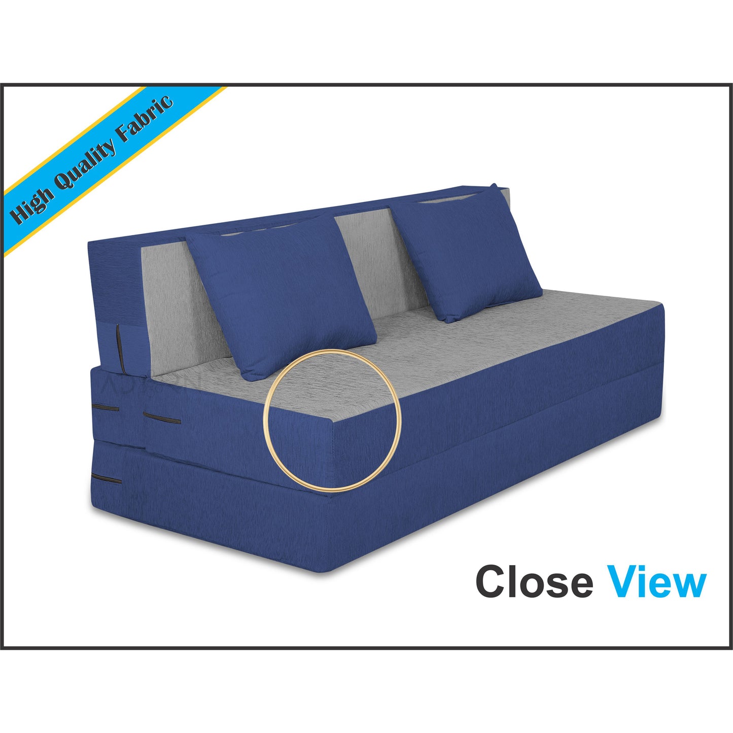 Adorn India Easy 2 Seater Sofa Cum Bed -Perfect for Seat & Sleep Washeble Polyster Fabric Cover (Blue & Grey) 4'x6'.Pillows Free (3 Year Warranty)
