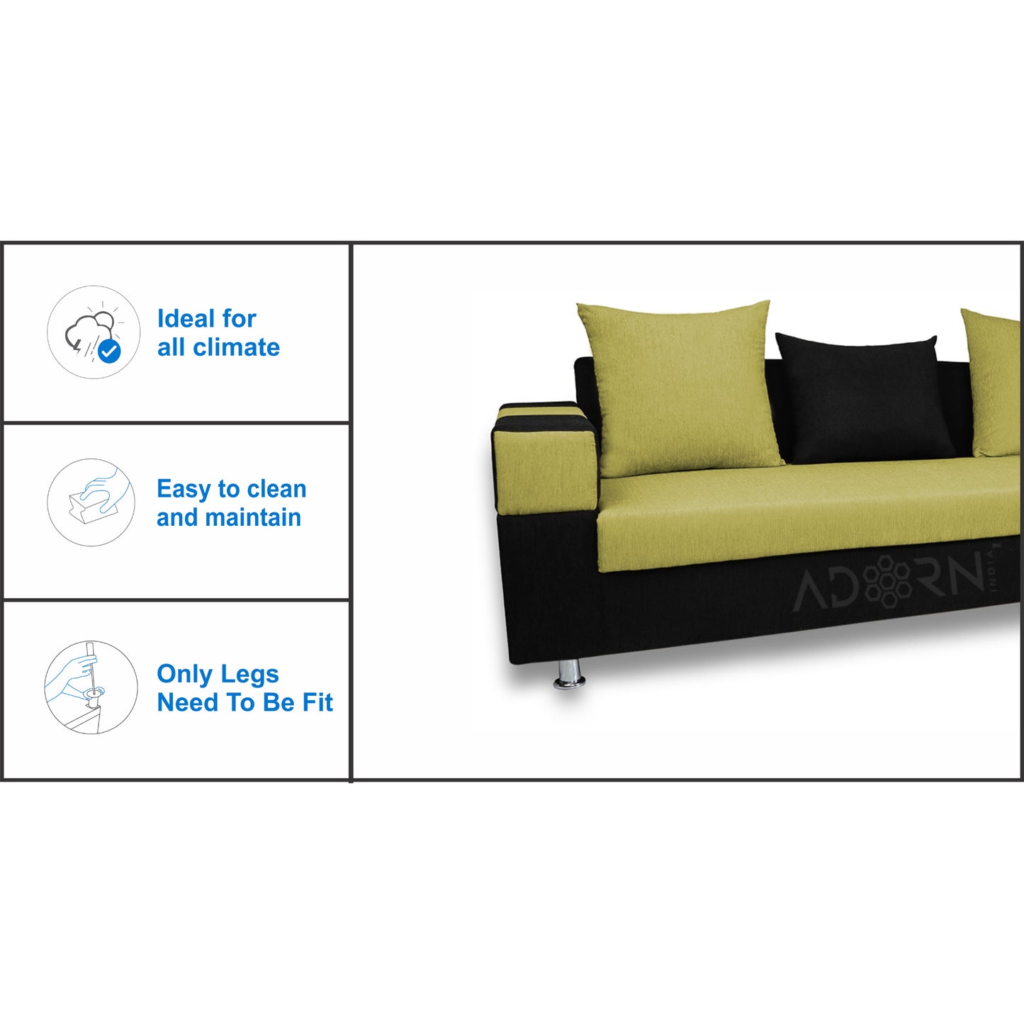 Adorn India Adillac 5 Seater Corner Sofa(Green & Black)