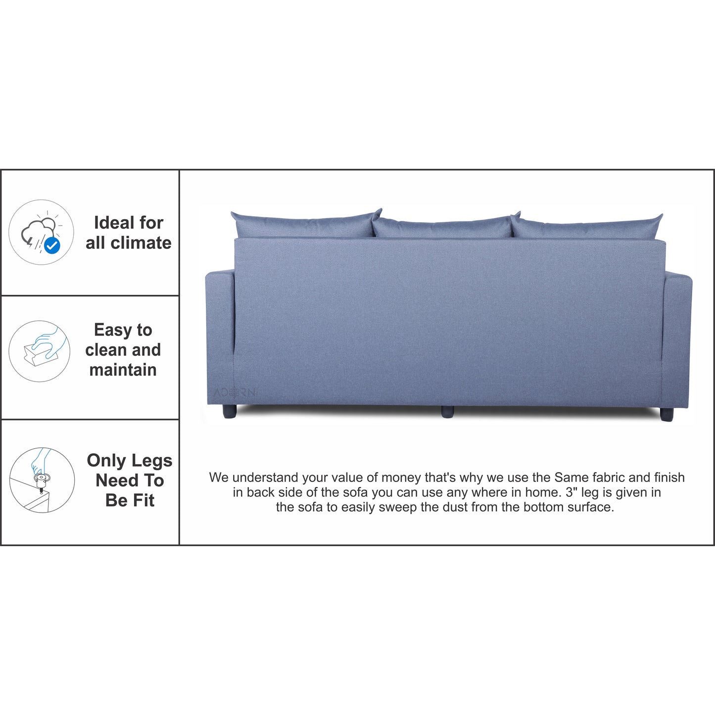 Adorn India Straight Line Three Seater Sofa(Dark Grey)