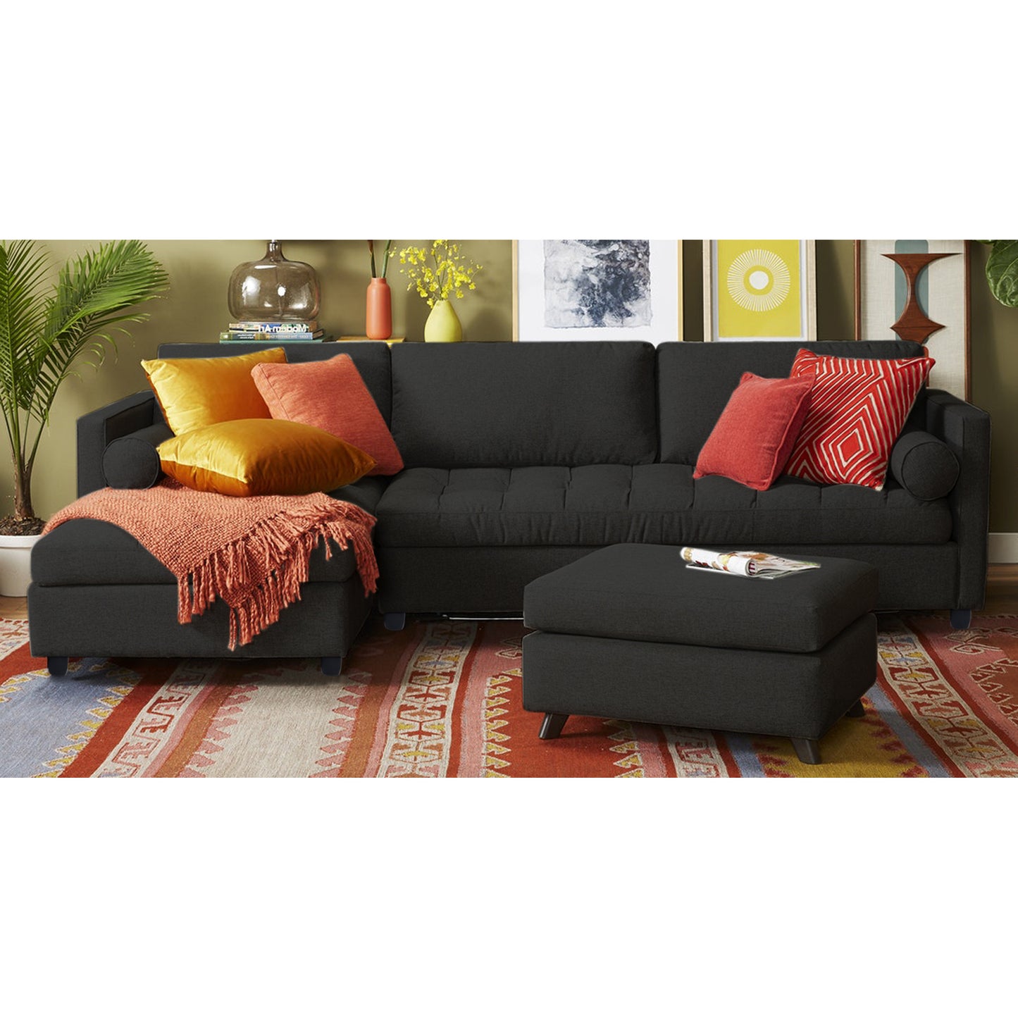 Adorn India Alexander L Shape 7 Seater Sofa Set with Ottoman Puffy LHS (Black) (3 Year Warranty)