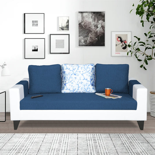 Adorn India Ashley Digitel Print Leatherette Fabric 3 Seater Sofa (Blue & White) (3 Year Warranty)