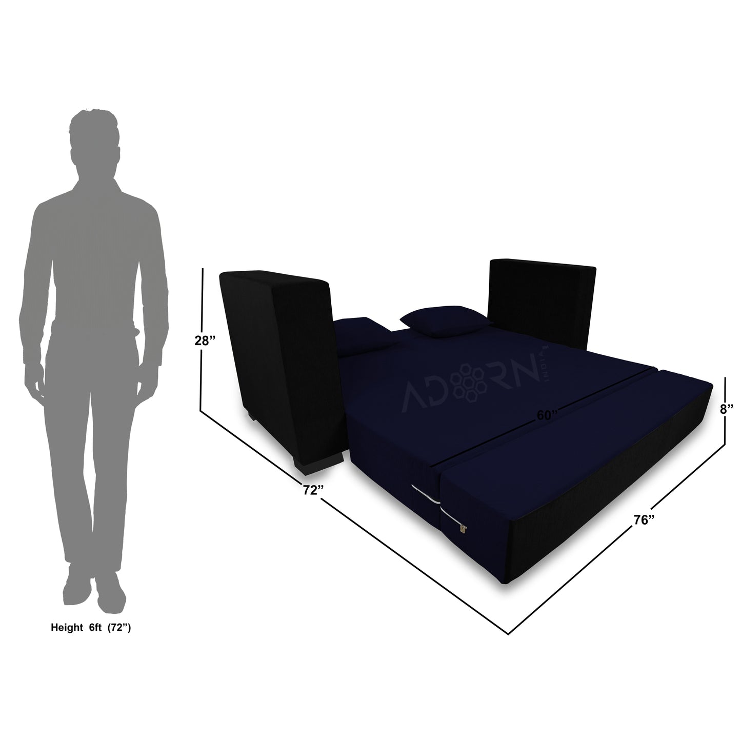 Adorn India Almond 3 Seater Sofa Cumbed (Dark Blue & Black)