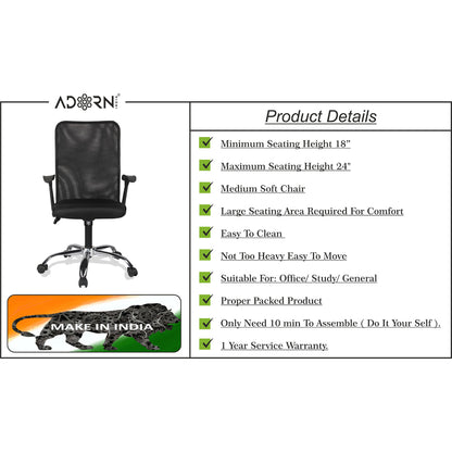 Adorn India Aura Breathable Mesh Mid Back Office/Study Chair (Black)