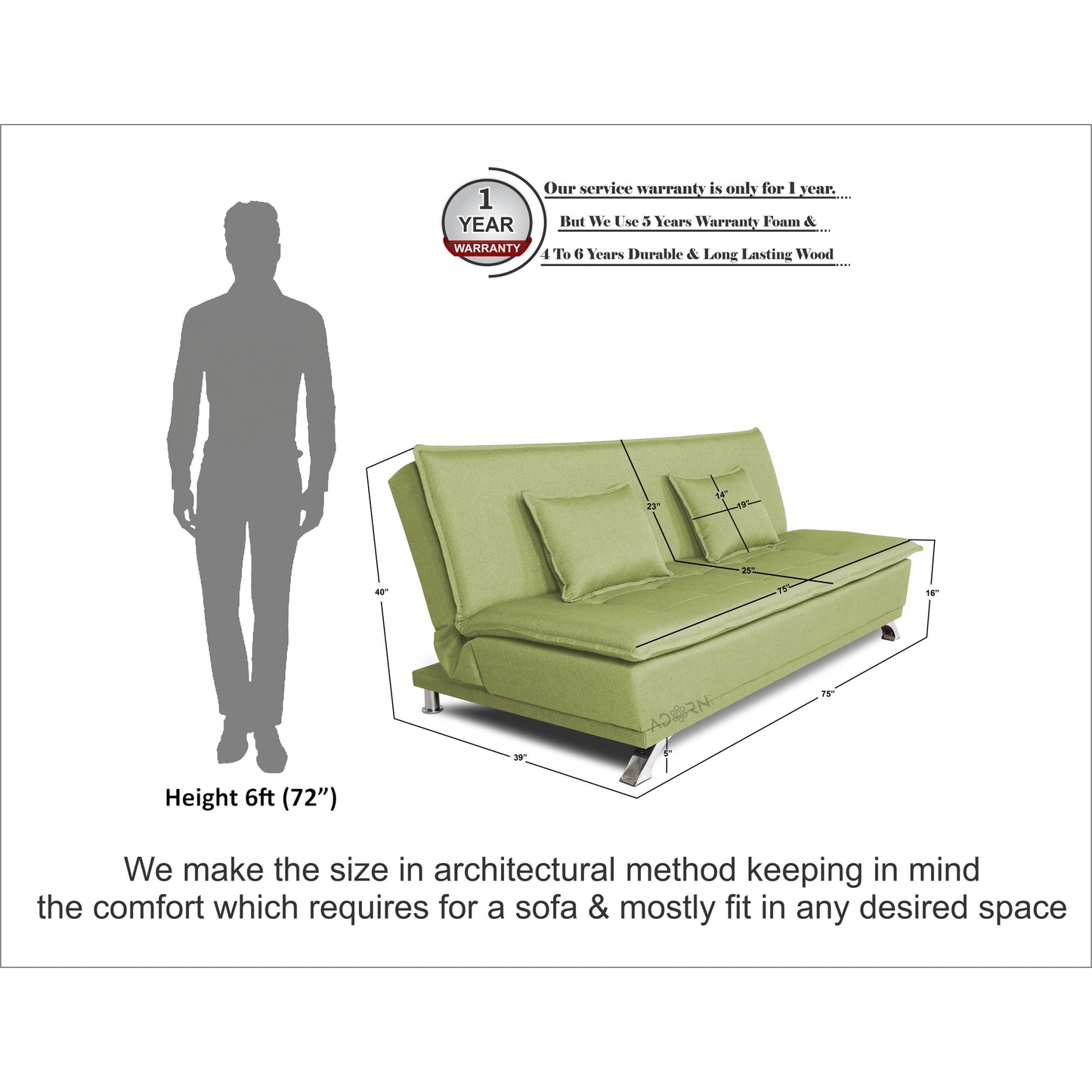 Adorn India Arden 3 Seater Sofa Cum Bed Fabric (Green)