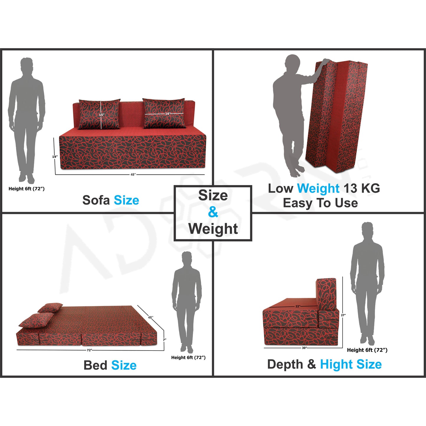 Adorn India Easy 2 Seater Sofa Cum Bed Poly Cotton (Maroon and Black) (4 x 6) (1 Year Warranty)