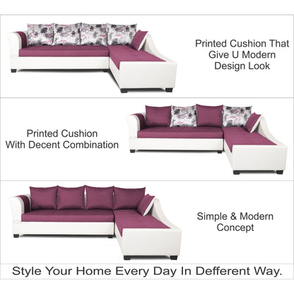 Adorn India Aliana L Shape Leatherette Fabric 6 Seater Sofa Set RHS (Light Purple & White) (3 Year Warranty)