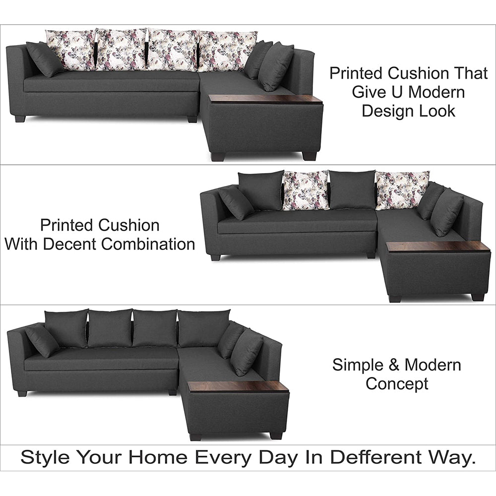 Adorn India Mclain L Shape 6 Seater Sofa (Dark Grey)