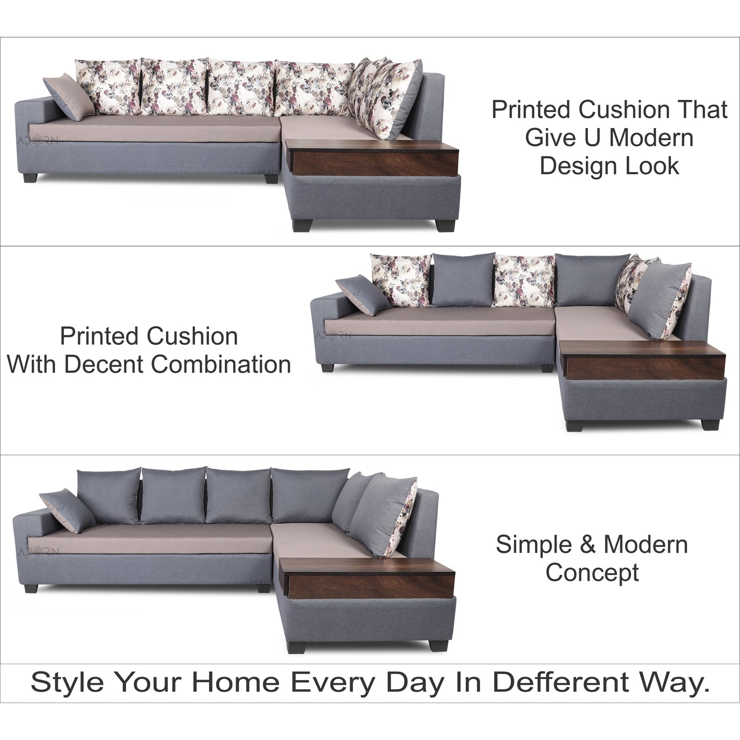 Adorn India Orlando Fabric L Shape Sofa (Dark Grey & Light Gery)