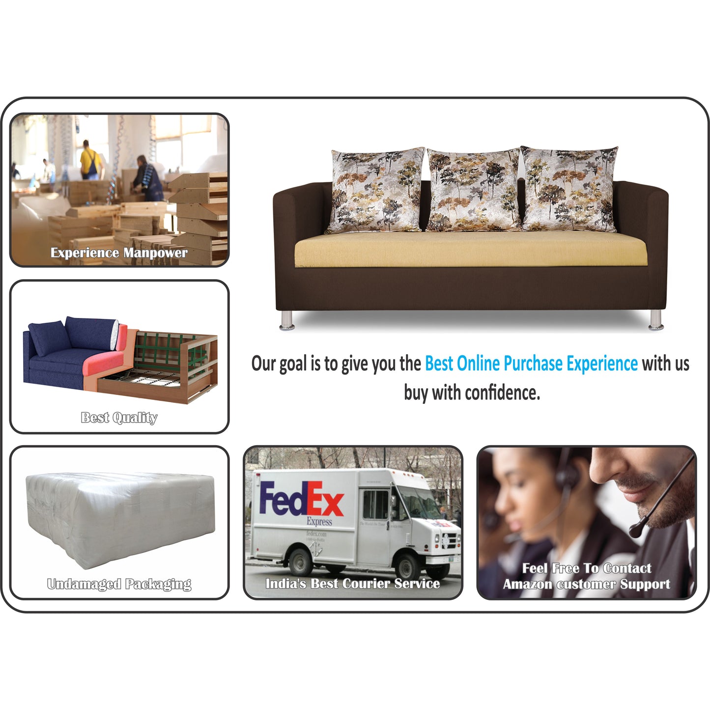 Adorn India 2 Tone Alita Compact 3-1-1 Sofa Set (Brown and Beige), Wood, Foam