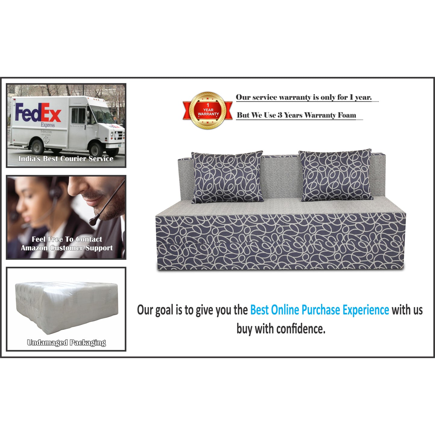 Adorn India Easy Three Seater Sofa Cum Bed Poly Cotton (Blue & Grey) 5'X6'