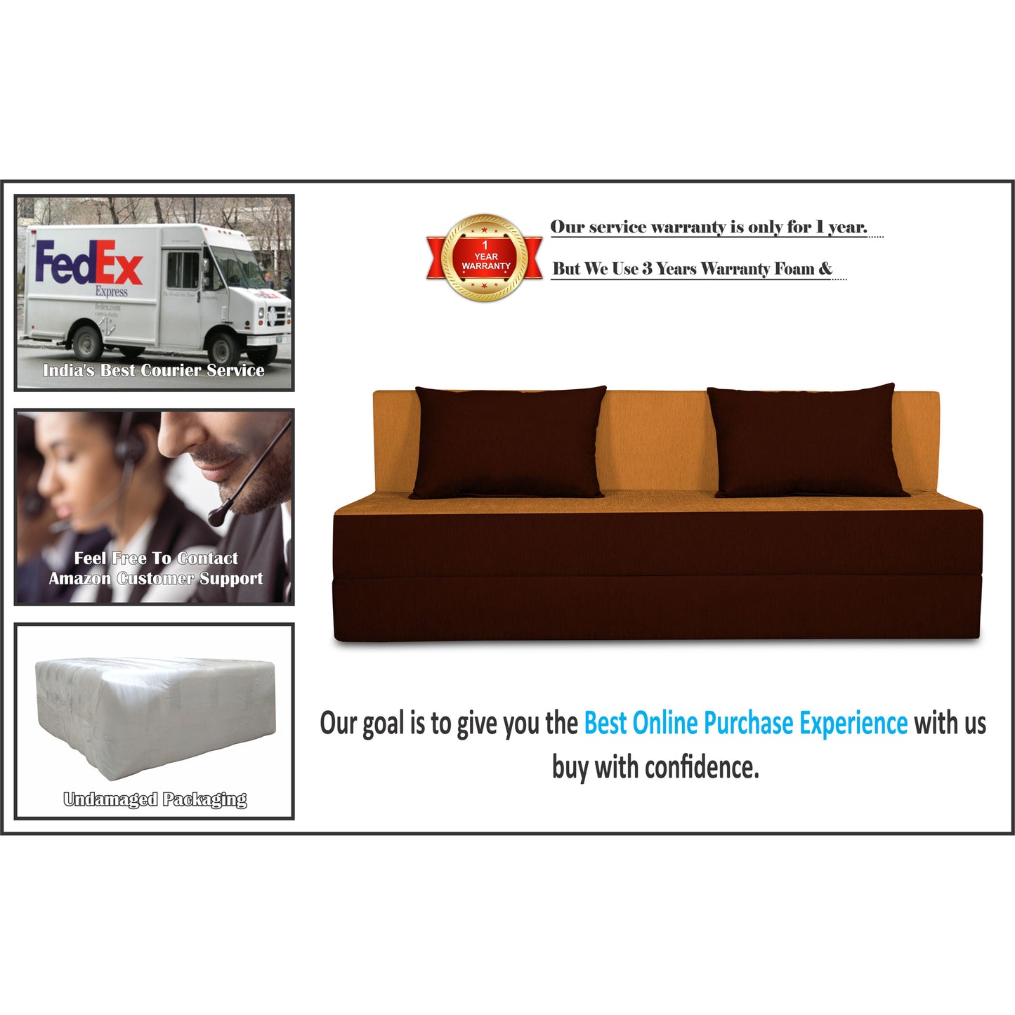 Adorn India Easy 4 Seater Sofa Cum Bed (2 Years Warrenty Quality Foam)-Perfect for Seat & Sleep Washeble Polyster Fabric Cover (Camel & Brown) 6'x6'.Pillows Free (1 Year Warranty)