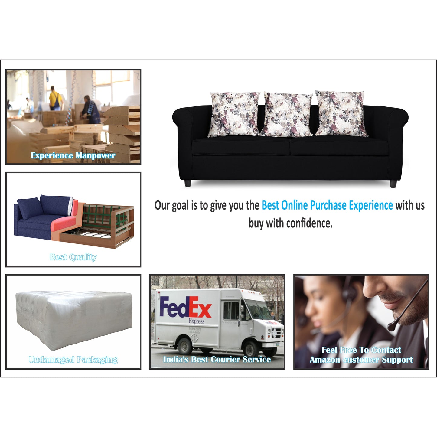 Adorn India Magnum 3 Seater Sofa (Black)