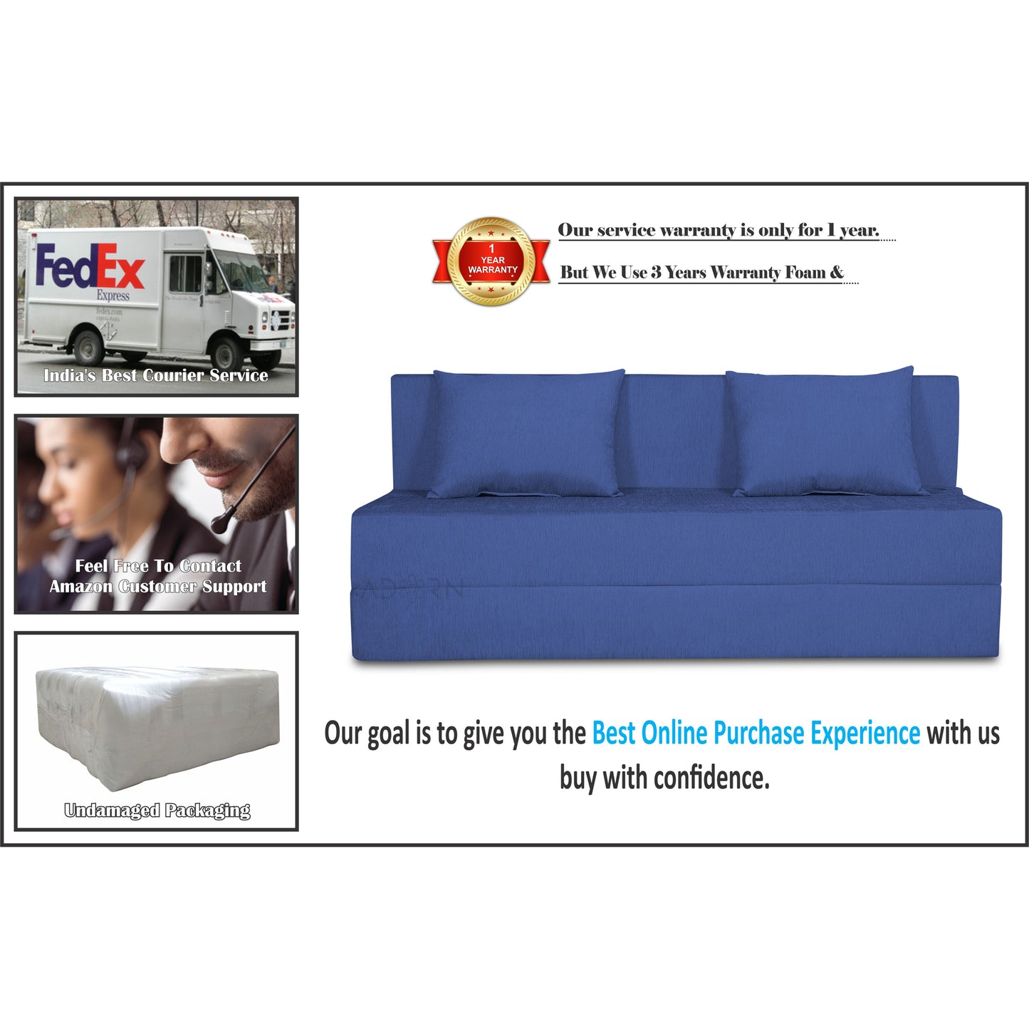 Adorn India Foam Easy 2 Seater Sofa Cum Bed Alyn 4'X 6' (Dark Blue) (1 Year Warranty)