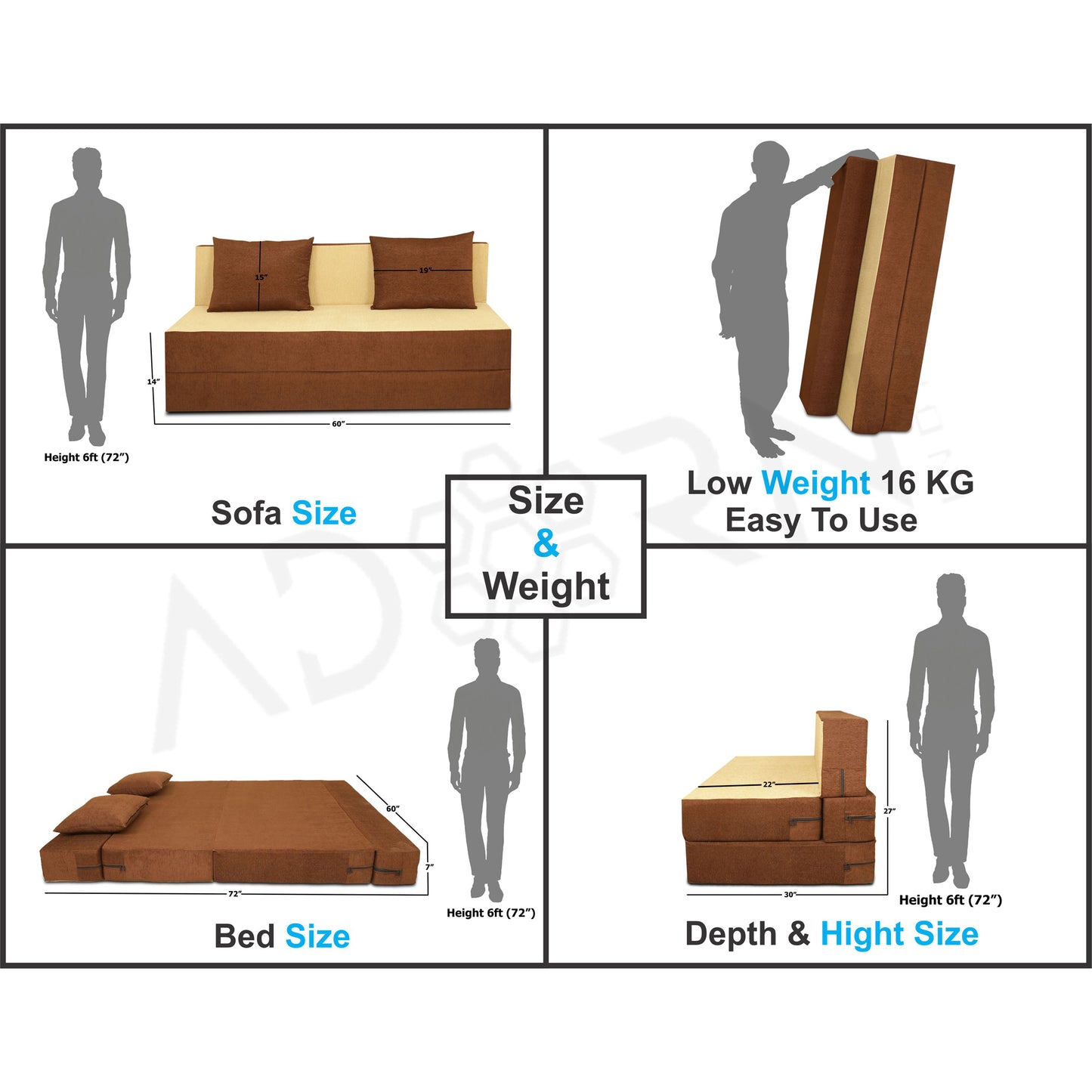 Adorn India Easy 3 Seater Sofa Cum Bed (Brown and Beige) (5x6) (1 Year Warranty)