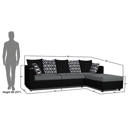 Adorn India Zink Straight line L Shape 6 Seater Sofa Rhombus Cushion(Grey & Black)