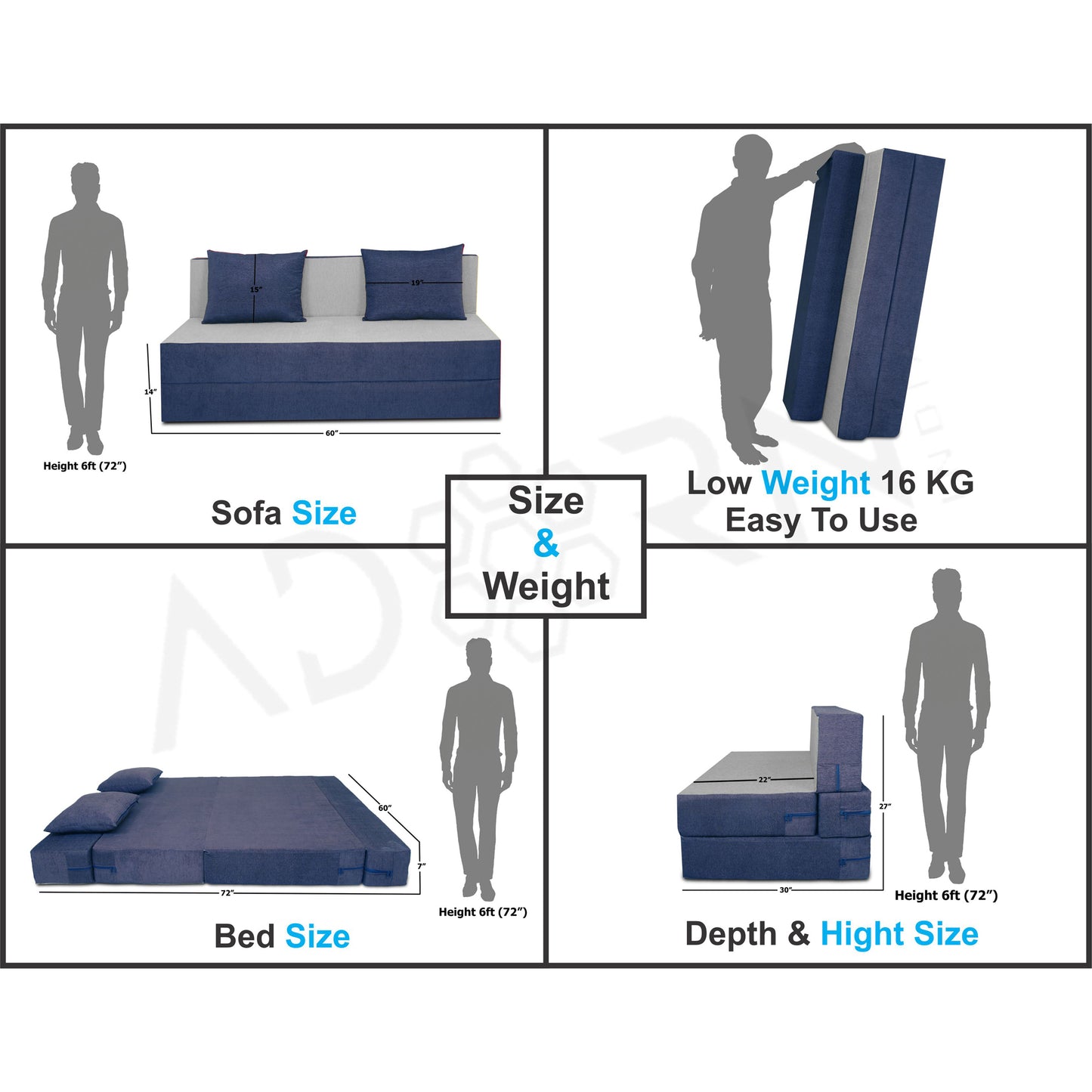 Adorn India Easy 3 Seater Sofa Cum Bed (Blue and Grey) (5x6) (1 Year Warranty)