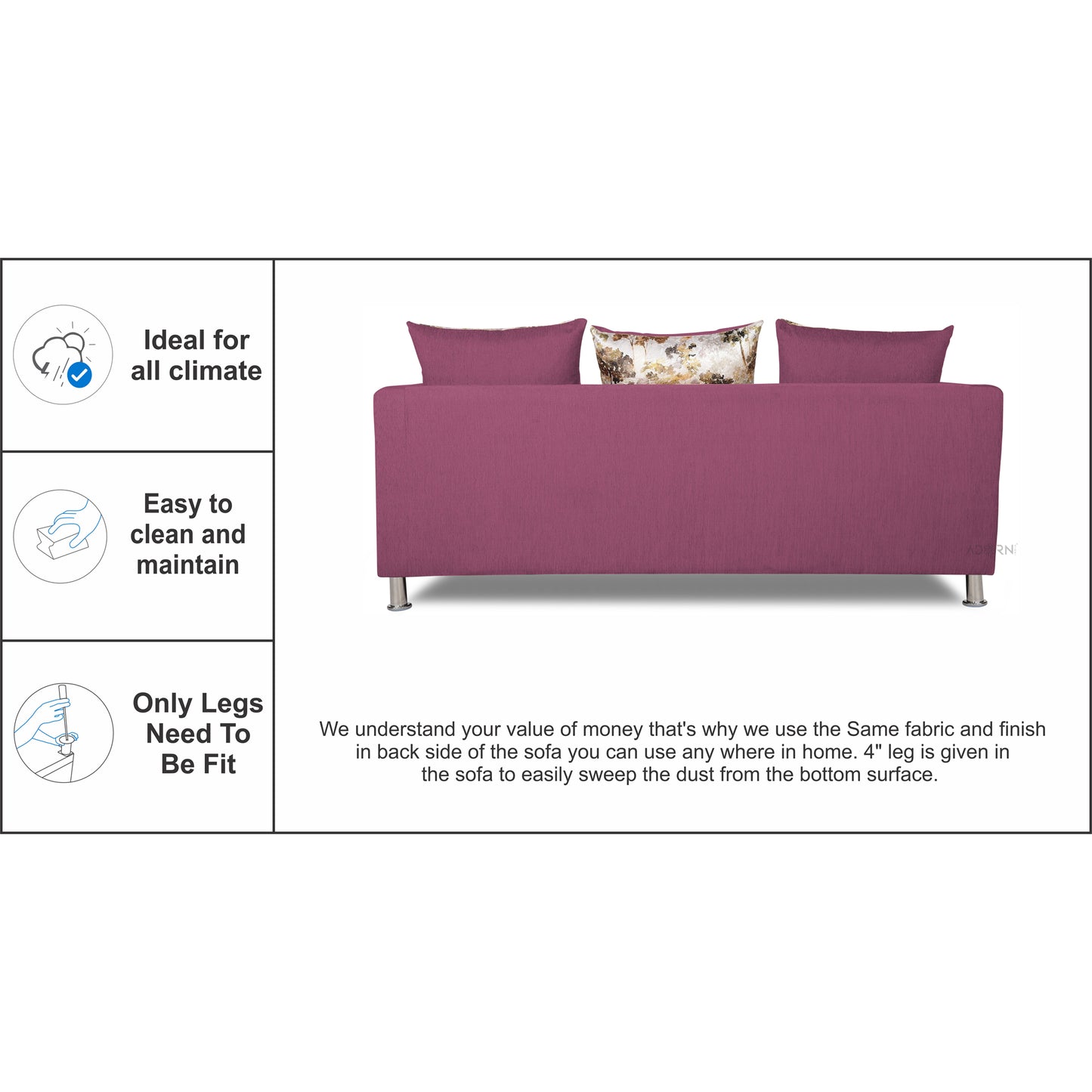 Adorn India Alita 3 Seater Compact Sofa (Light Purple, wood)